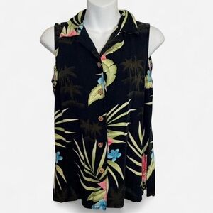Bungalow Brand Women’s Black Hawaiian Button Up, Sleeveless, Size 8